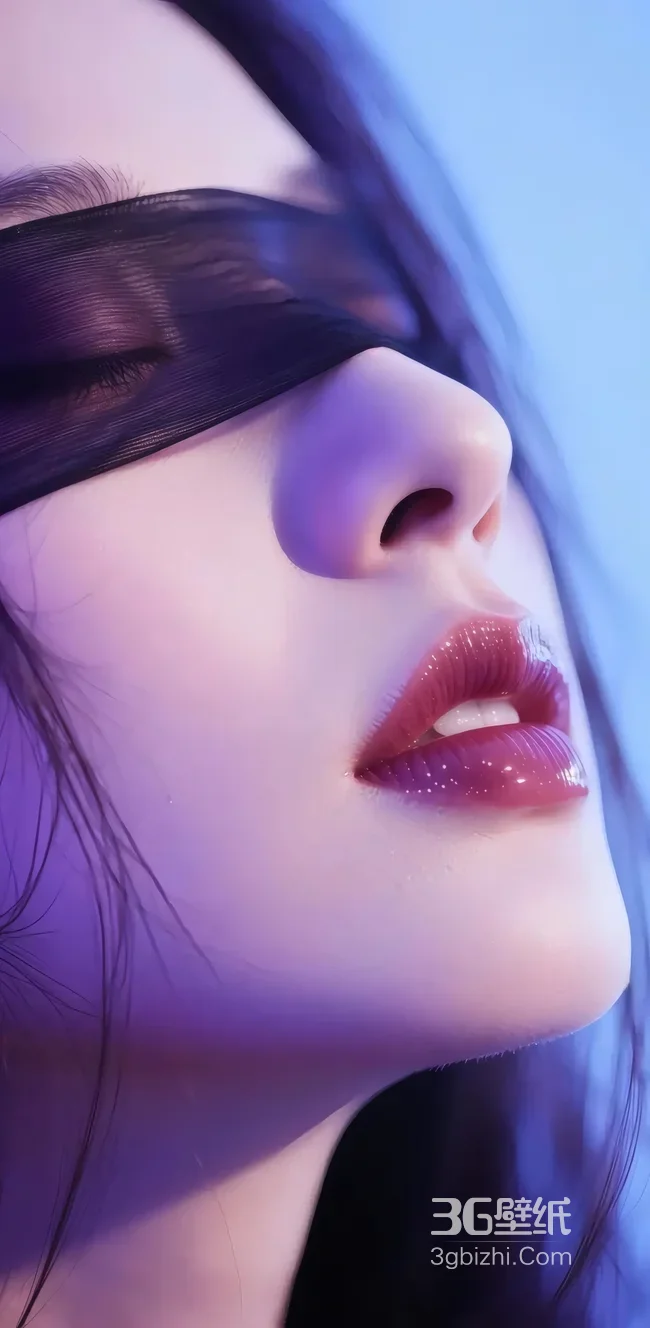 蒙眼红唇女性 梦幻蓝紫调氛围感壁纸1
