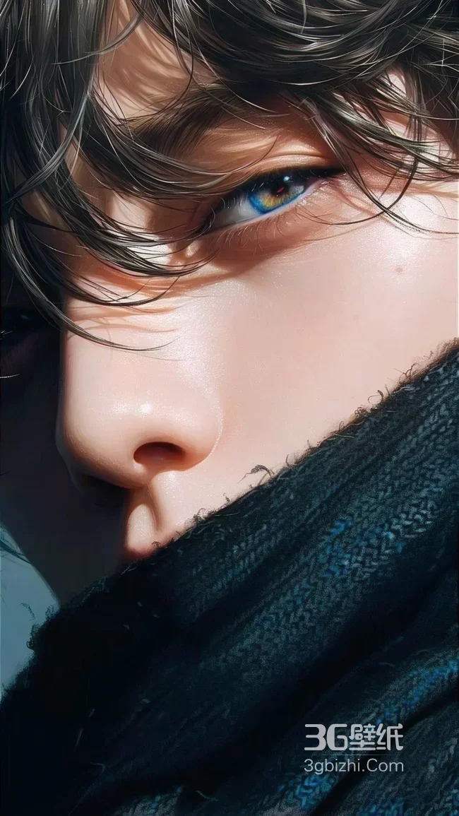 二次元动漫美男蓝眼卷发深色围巾 高清壁纸1