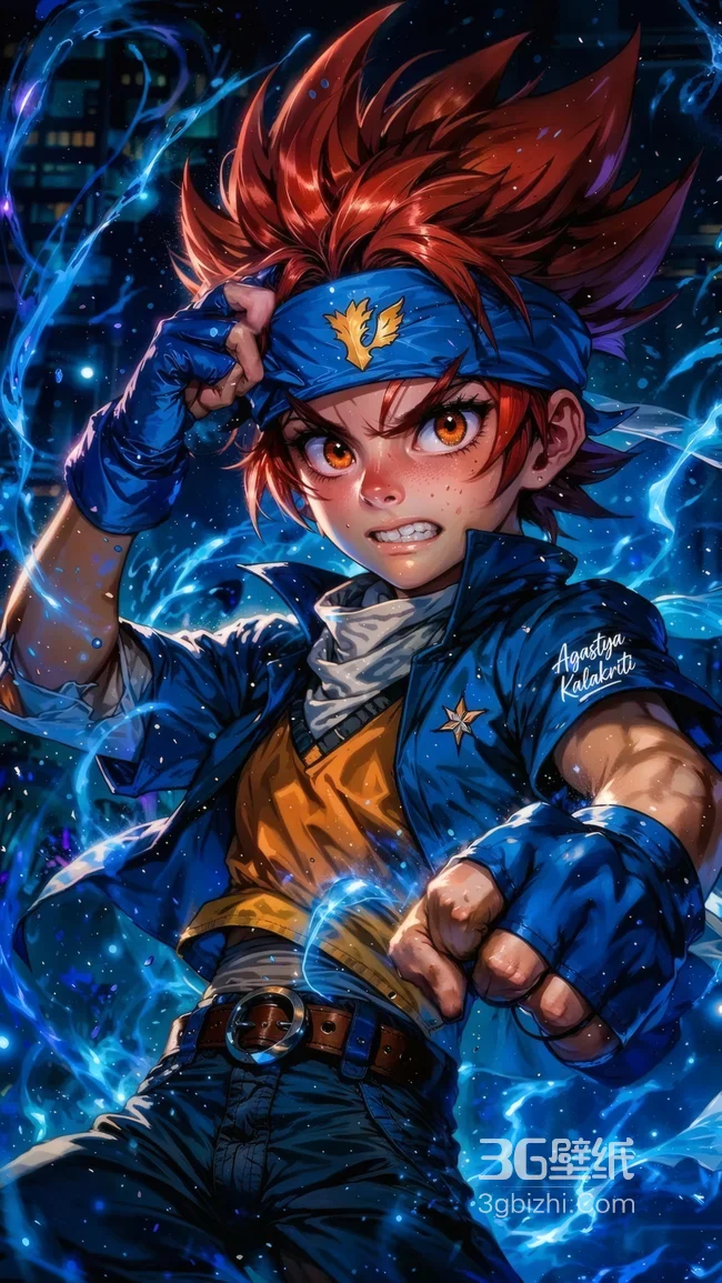 热血红发少年 蓝色电光战斗风动漫壁纸1