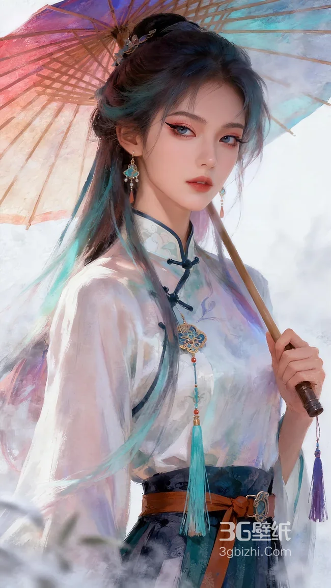 古风蓝发女子汉服油纸伞唯美国风壁纸1