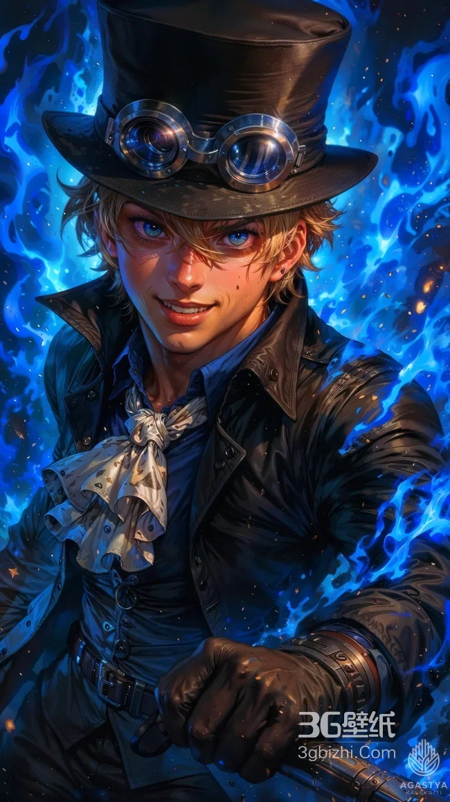海贼王萨博 蒸汽朋克风蓝色火焰酷炫角色壁纸1