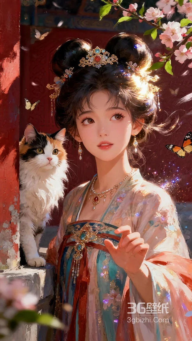 古风汉服美人与三花猫 红墙樱花蝴蝶国风壁纸1