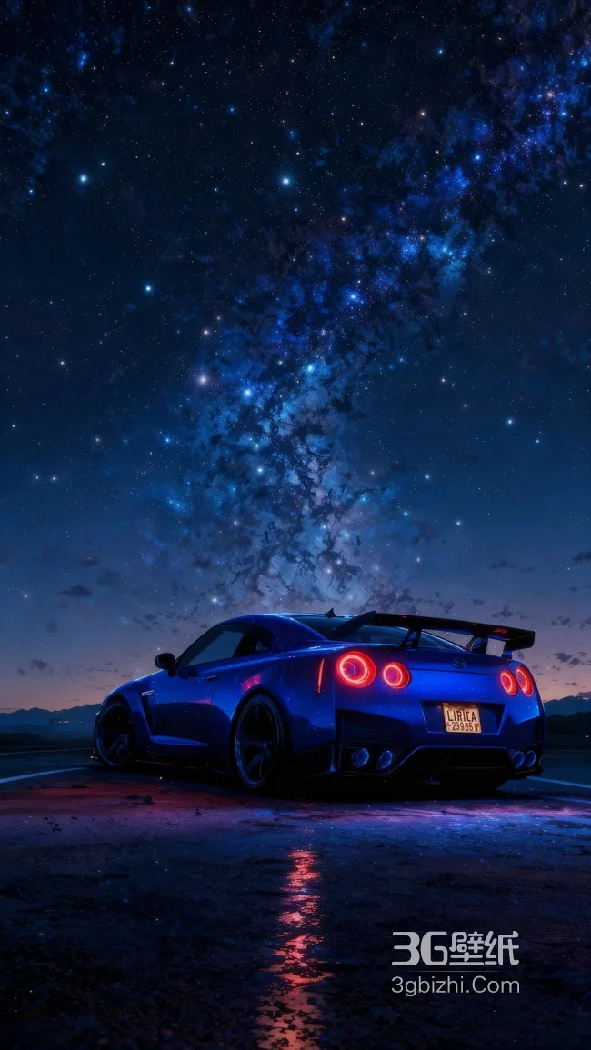 蓝色日产GT-R 星空公路夜景超跑壁纸1