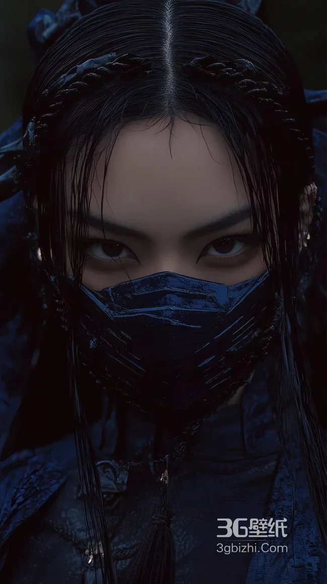 暗黑古风蒙面少女 武侠风深蓝色造型壁纸1
