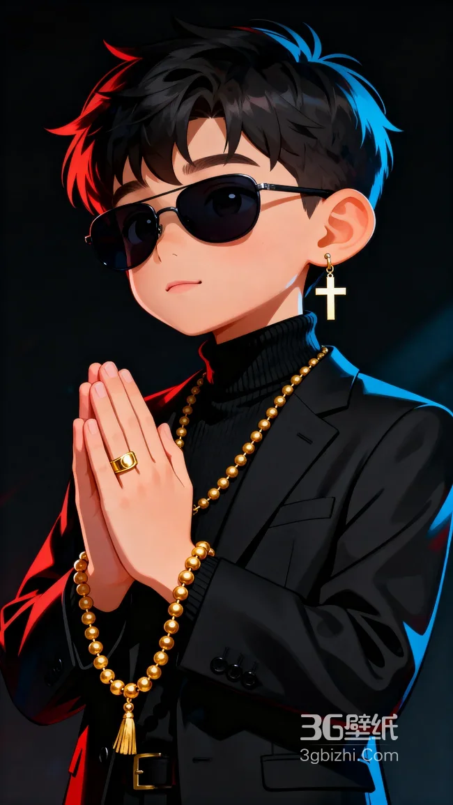 潮酷卡通男孩黑西装金饰祈祷壁纸 时尚角色1