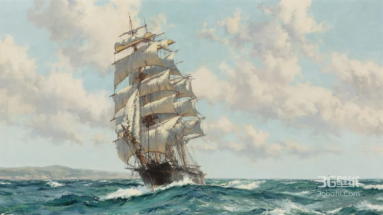 复古帆船航海油画 海浪蓝天航海主题壁纸1