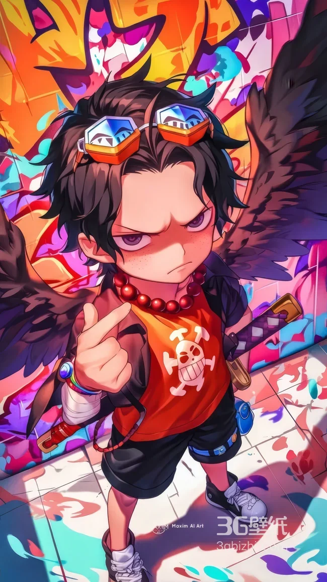 海贼王艾斯Q版潮酷涂鸦壁纸 带翅膀艾斯壁纸1