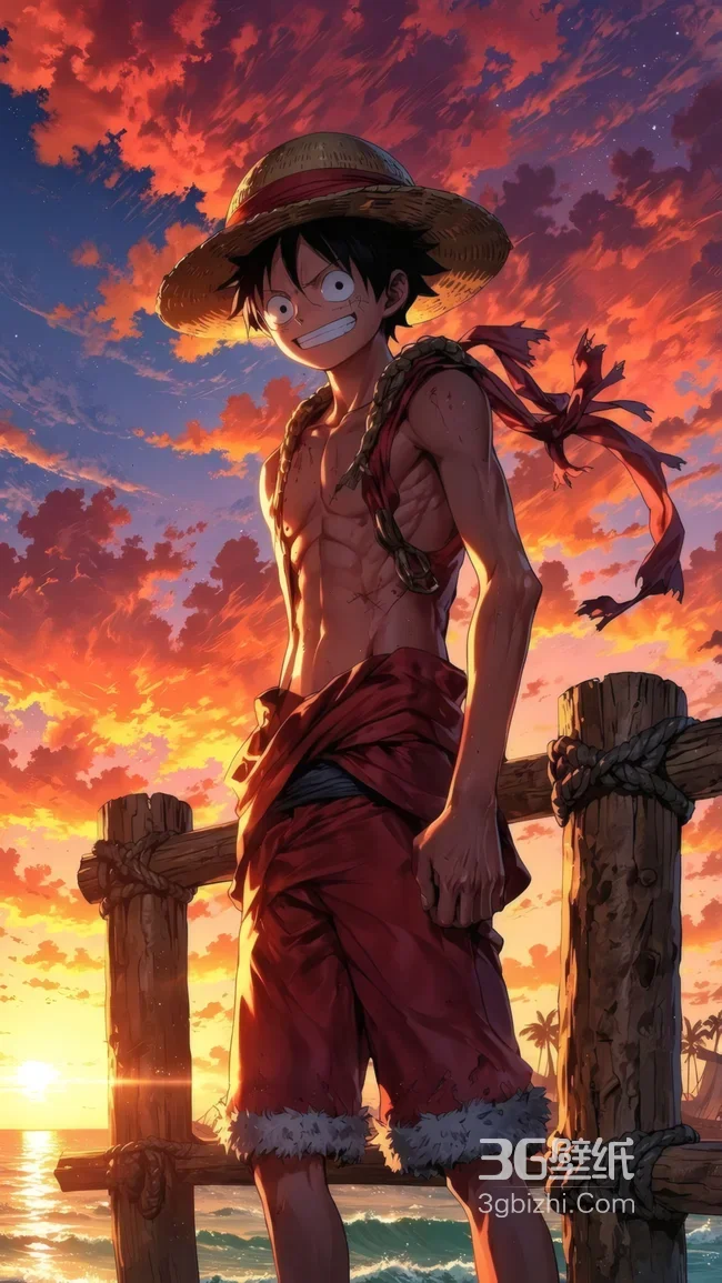 海贼王路飞日落海边帅气站姿壁纸 热血动漫壁纸1