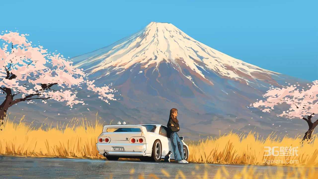 富士山樱花下女孩与GT - R跑车壁纸1