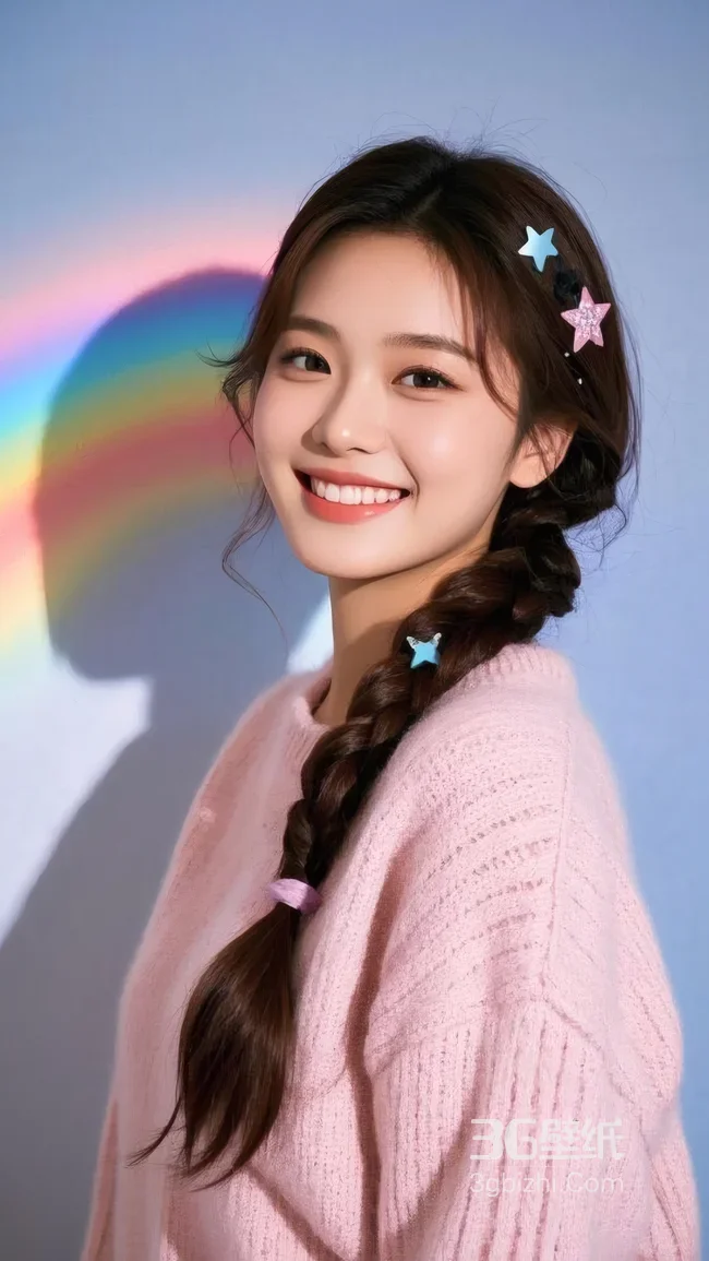 甜美麻花辫女生（粉毛衣+星发饰）彩虹背景壁纸