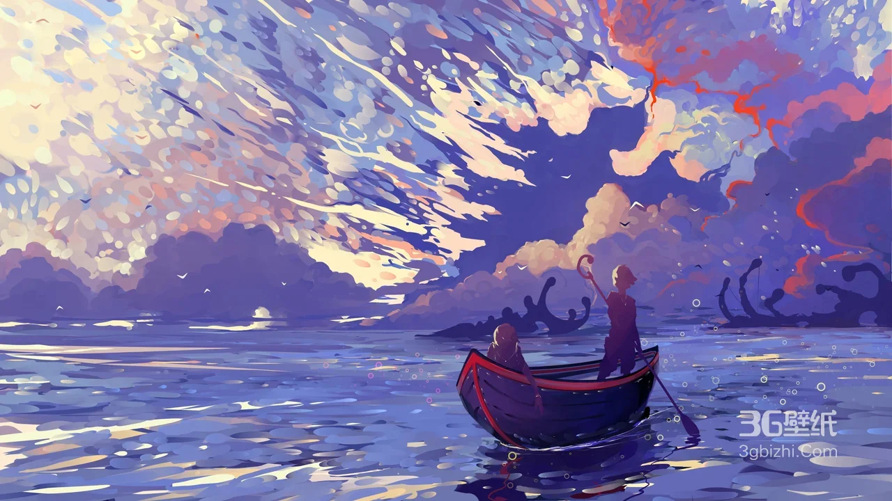 海面小船双人冒险 沉船残骸梦幻插画壁纸1