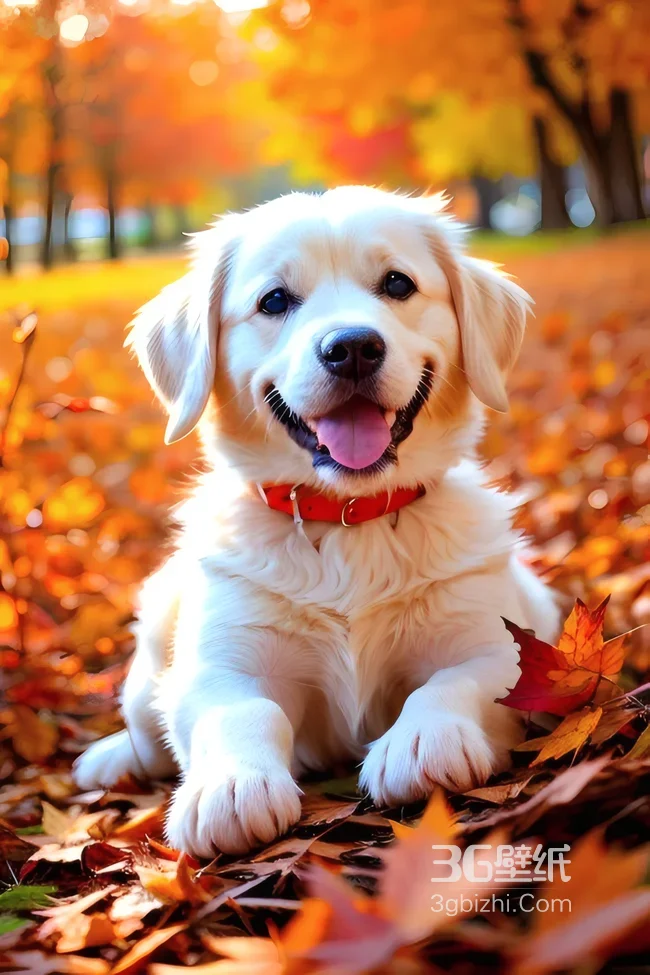 金毛幼犬秋季落叶中微笑 治愈系秋景壁纸1