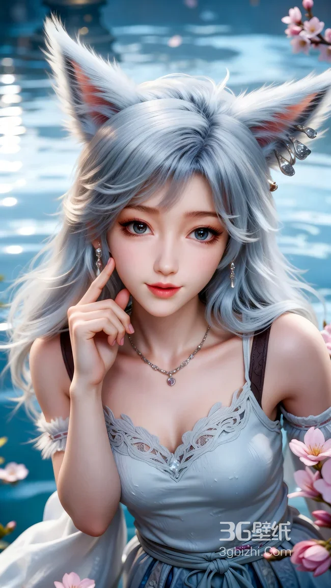 凡人修仙传》里的银月银发狐耳少女 水边粉樱 蕾丝裙 梦幻壁纸1