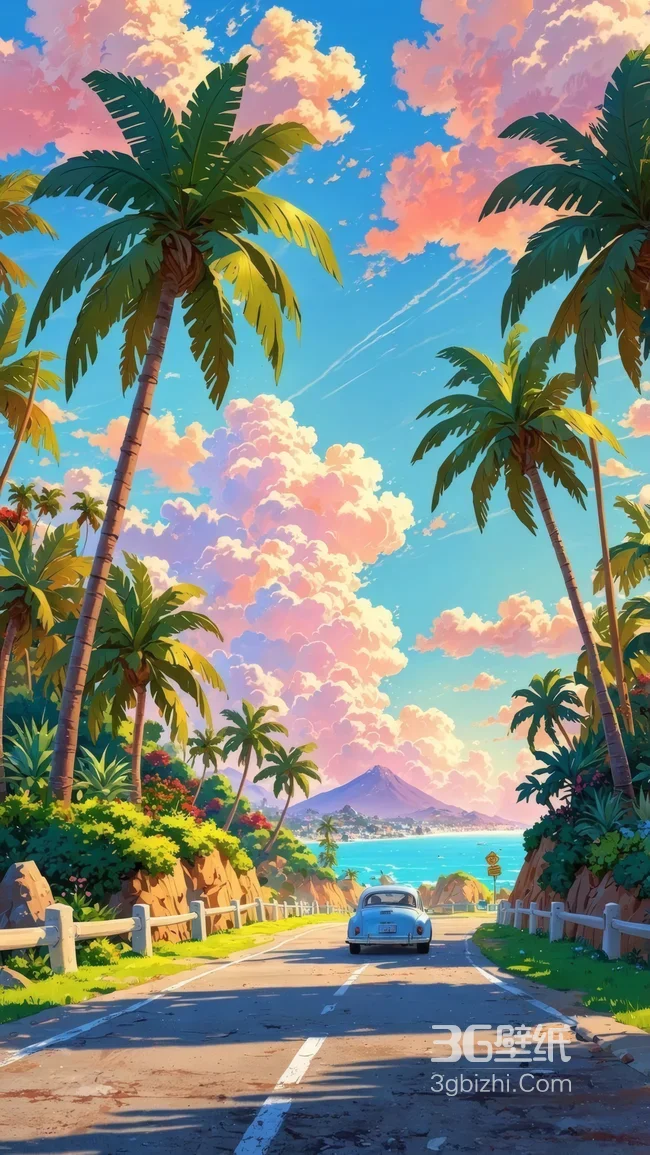 热带公路复古车棕榈树海景壁纸 夏日度假风1
