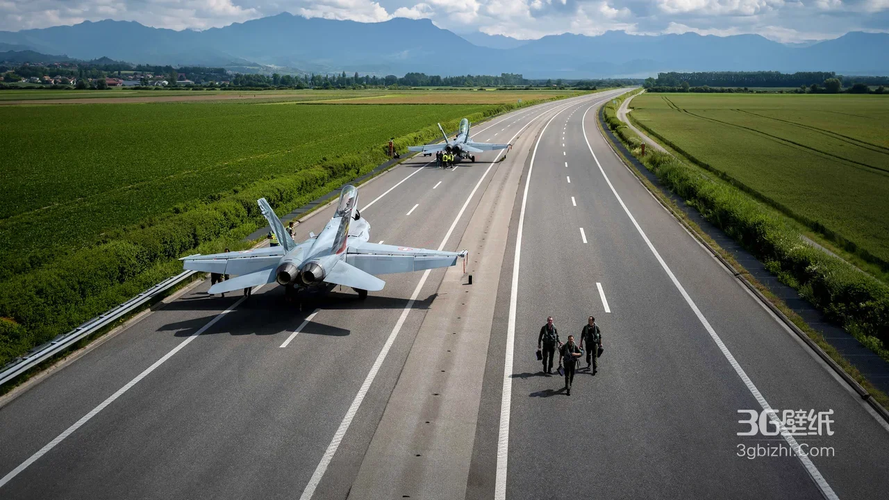 高速公路停放战斗机 飞行员行走 田野山脉风景壁纸1