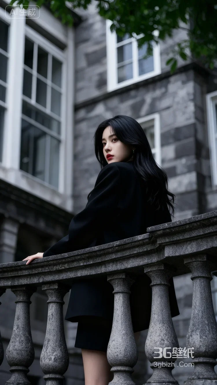 黑衣冷艳女子倚复古石楼栏杆 暗黑时尚写真，美女西装暴徒霸气套图1