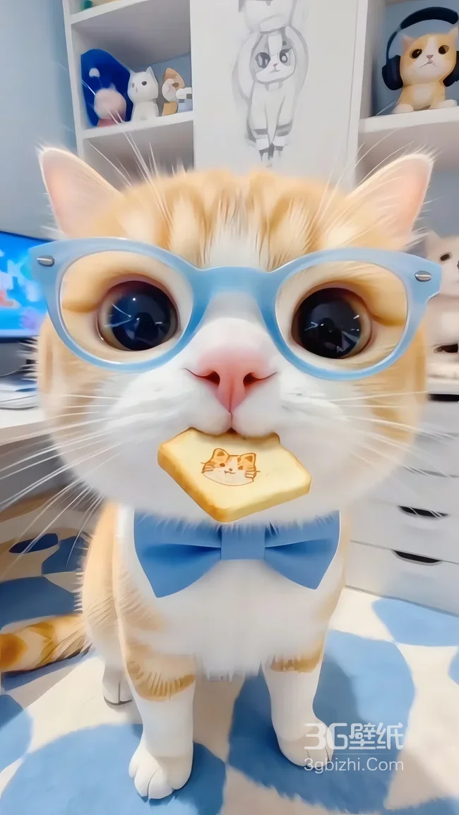 可爱橘白猫咪戴蓝眼镜领结叼饼干 治愈桌面背景1