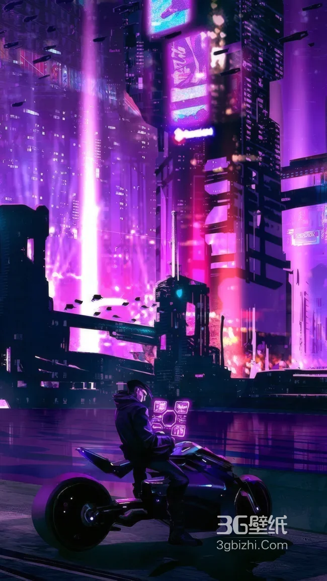 赛博朋克未来都市骑手科幻摩托夜景壁纸 霓虹城市1