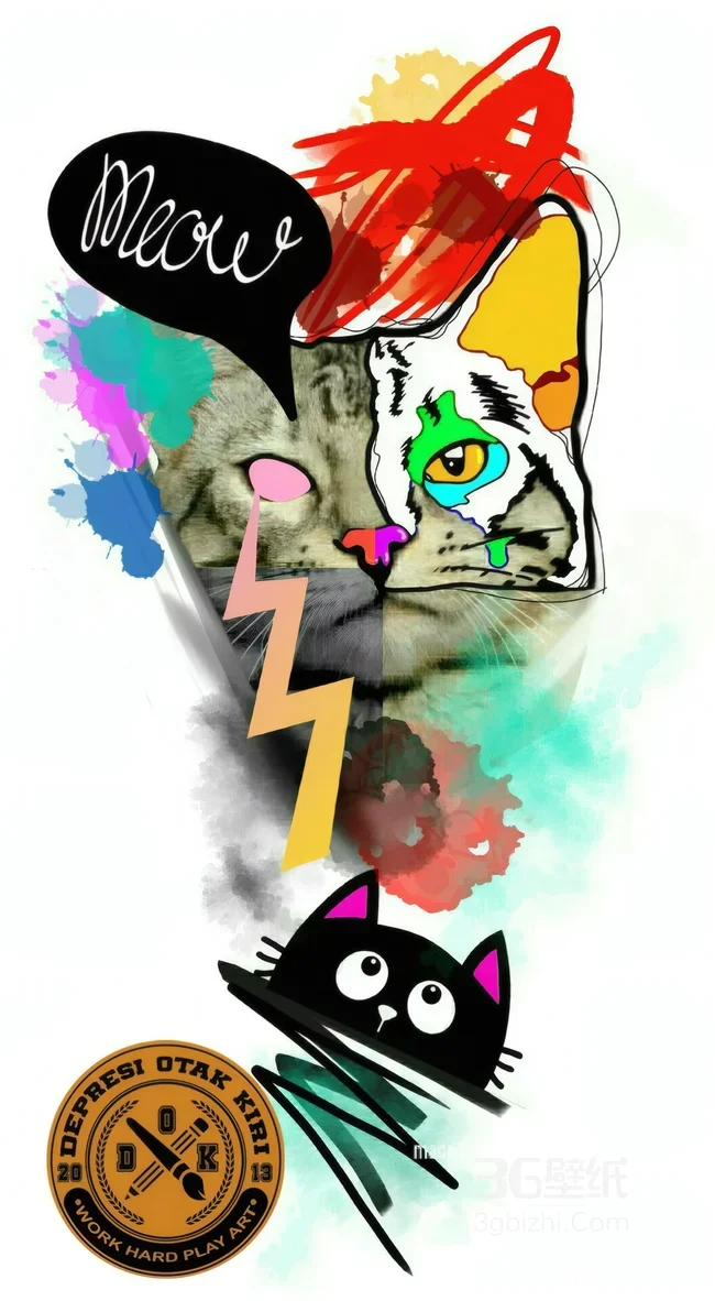 波普艺术拼接猫咪壁纸 Depresi Otak Kiri 潮流涂鸦猫1