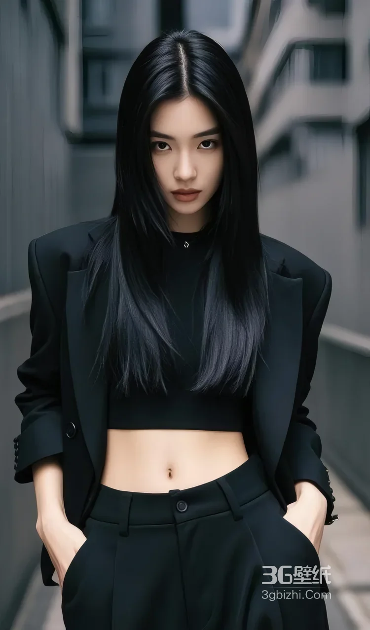 黑衣冷艳女子倚复古石楼栏杆 暗黑时尚写真，美女西装暴徒霸气套图2