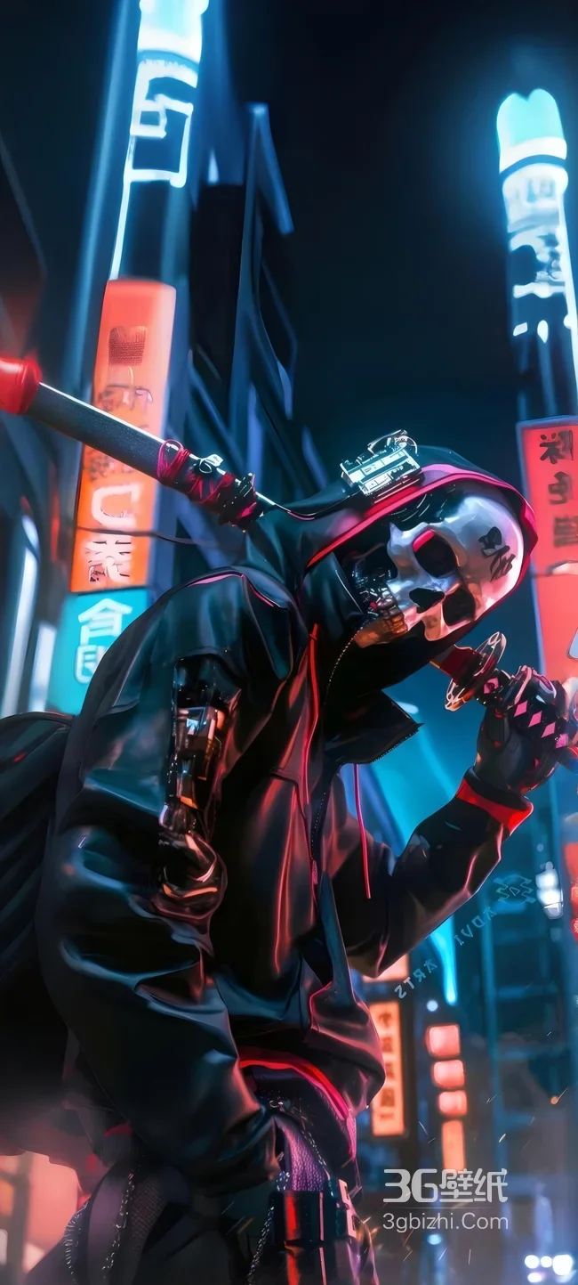 赛博朋克骷髅机械人霓虹街头武士刀壁纸1