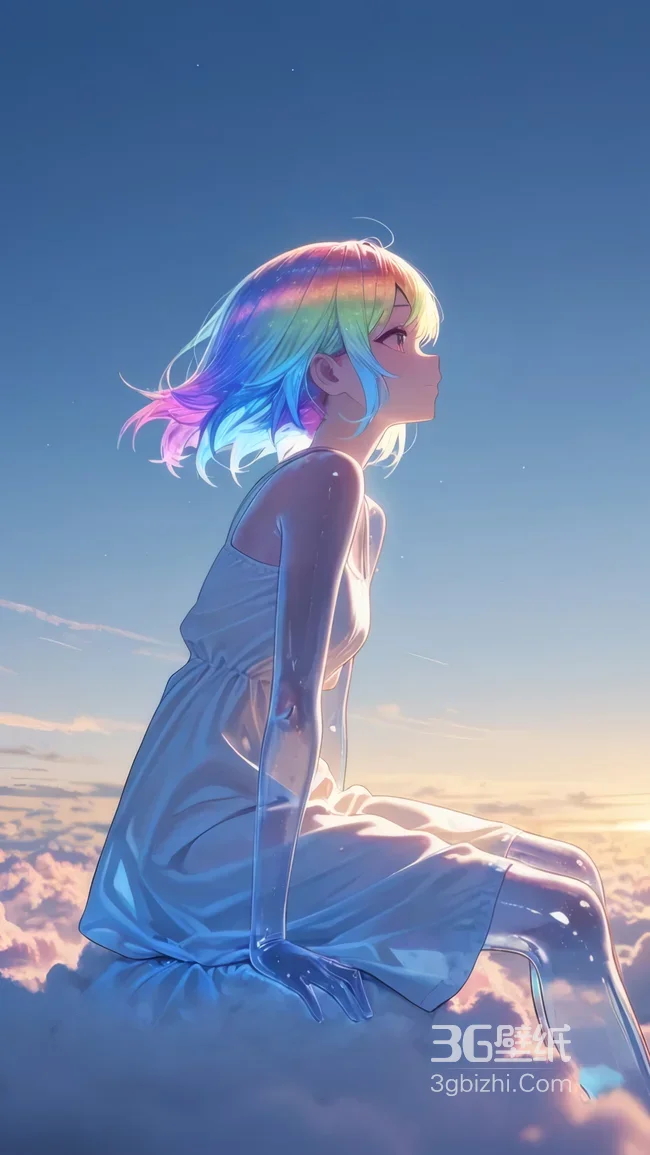 彩虹发少女云端眺望 梦幻二次元唯美壁纸1