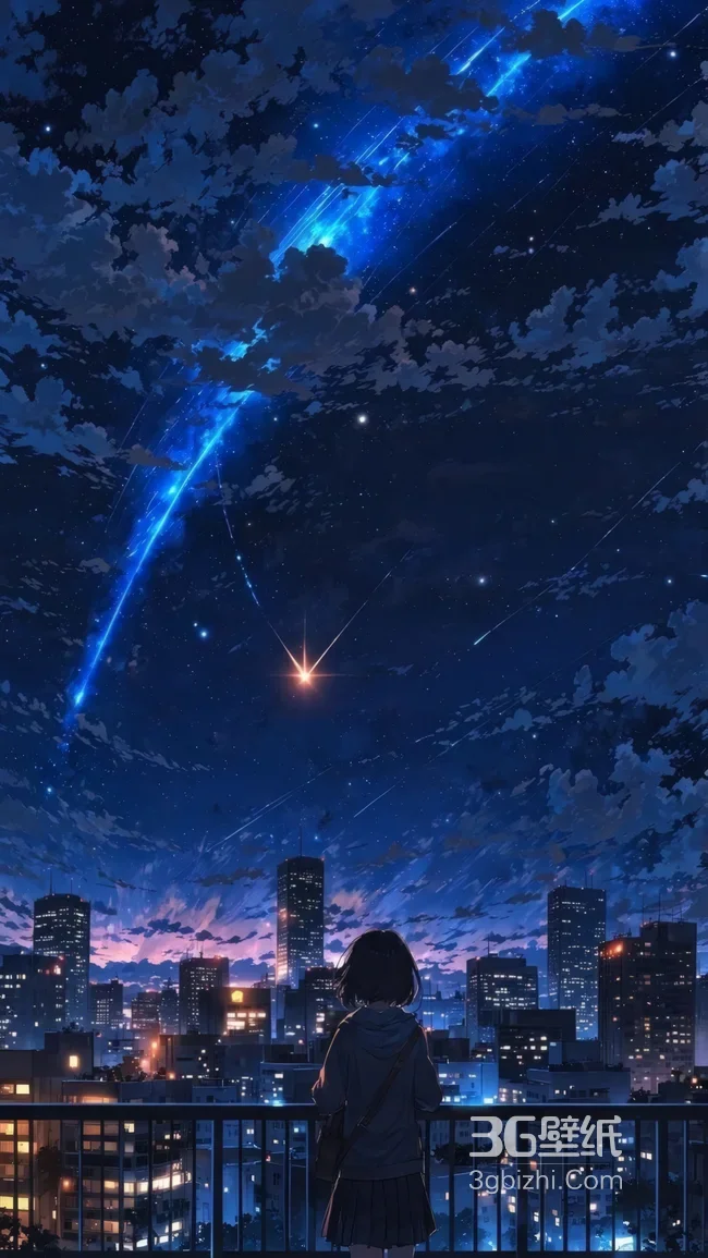 动漫短发女孩城市天台观流星 新海诚风夜景壁纸1