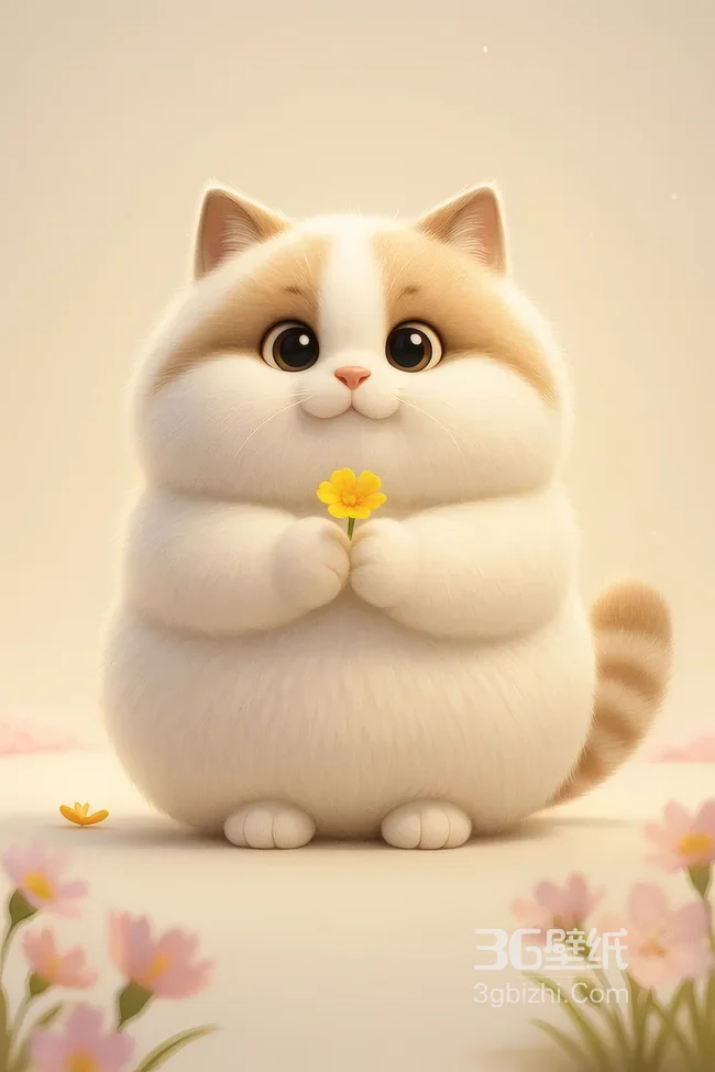 治愈系卡通胖猫捧黄花 萌宠温馨暖调壁纸1