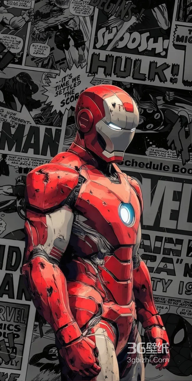 漫威钢铁侠战损盔甲漫画风主题壁纸1