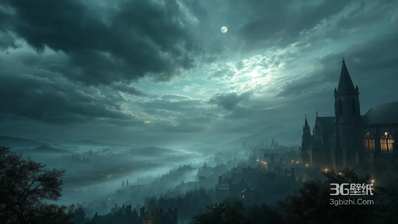 哥特式雾都月夜大教堂城市夜景 暗黑魔幻壁纸1