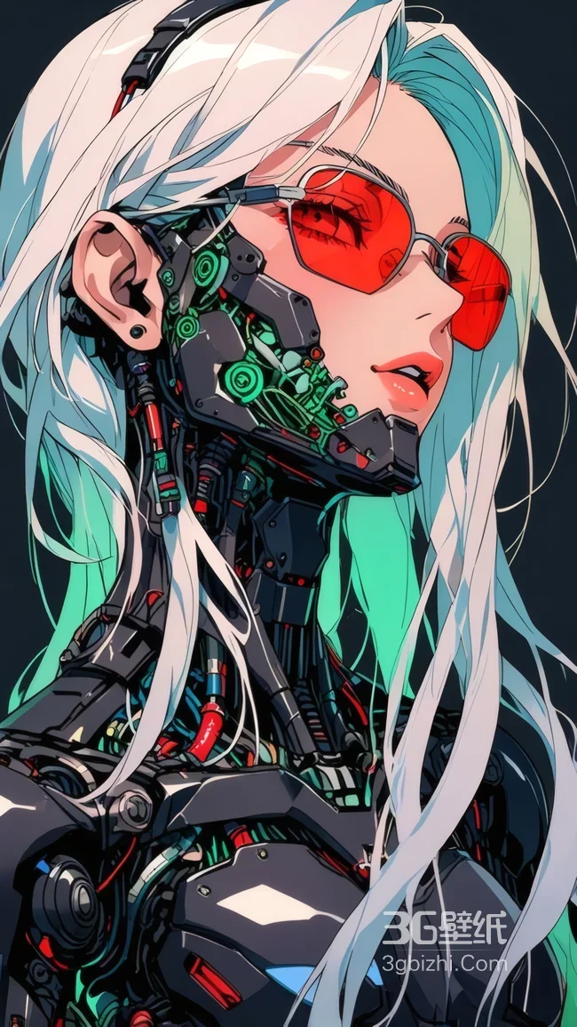 赛博朋克机械义体少女 白发红镜科技风壁纸1