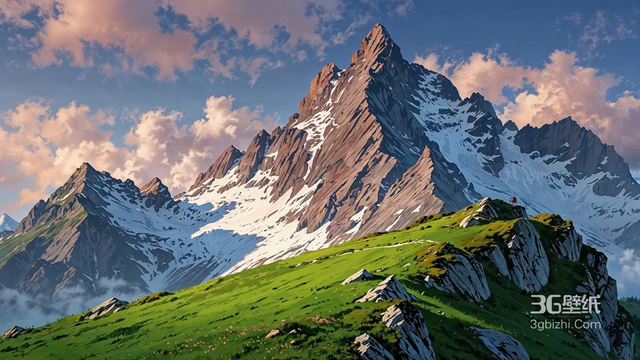 阿尔卑斯风雪峰草甸山巅 登山者云海霞光风景1