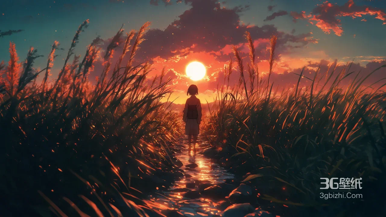动漫女孩夕阳草甸溪流漫步 唯美黄昏意境壁纸1