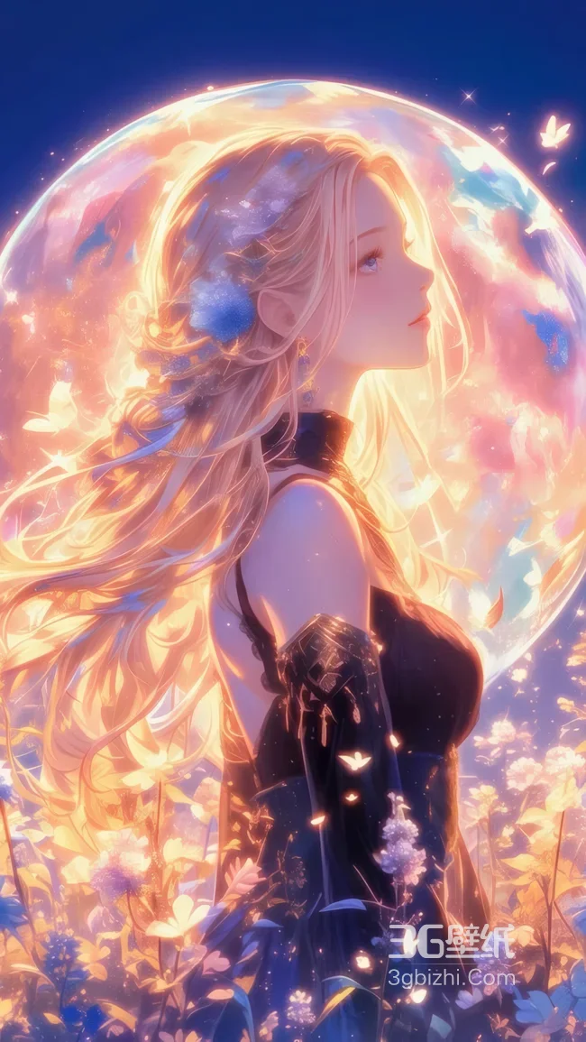 梦幻金发少女光球花海蝴蝶壁纸 唯美治愈壁纸1