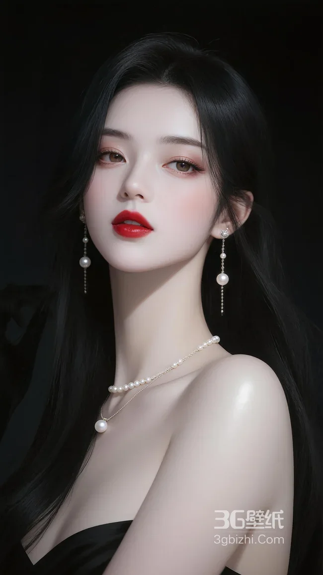 气质黑长直美女珍珠配饰 冷艳高级风壁纸1