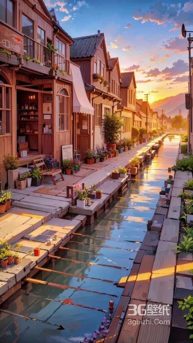 日式小镇运河夕阳木屋街道治愈系动漫风壁纸1