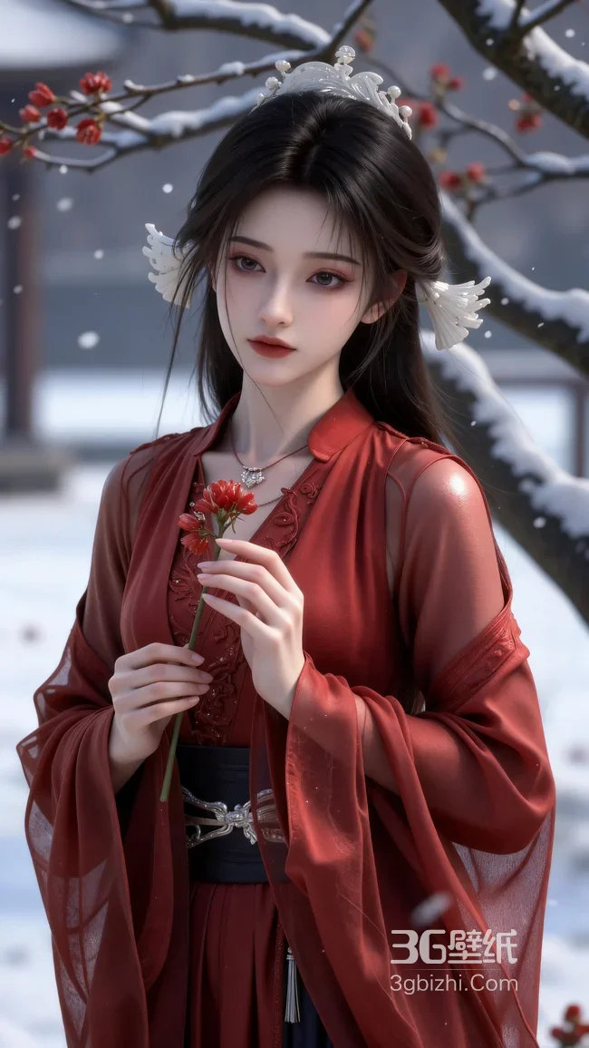 凡人修仙传人物“宋玉”雪景持红梅 仙侠古装壁纸1