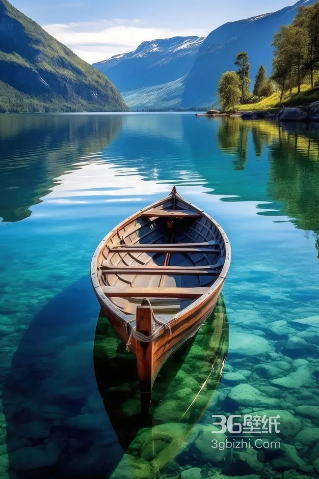 挪威峡湾木船湖泊风景壁纸 高山碧水自然景观1