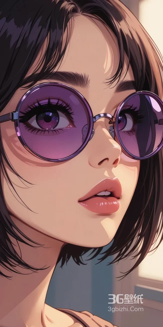 二次元短发少女紫眼镜壁纸 清新动漫风壁纸1
