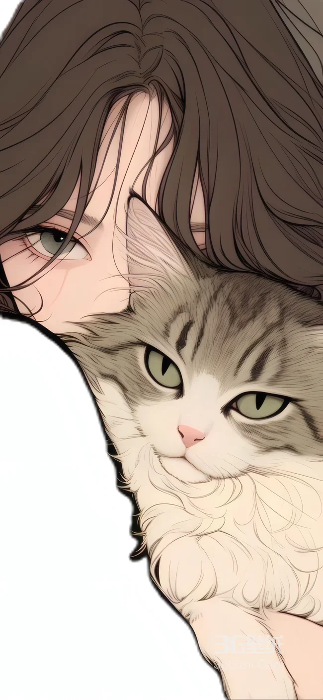 手绘长发少女抱绿眼猫咪 治愈萌宠桌面壁纸1