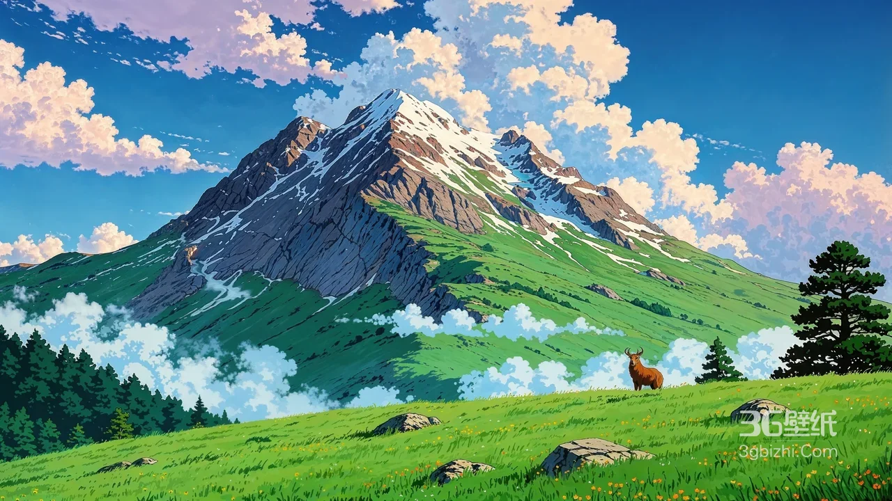 吉卜力风格雪山绿原野鹿壁纸 动漫清新自然风景1