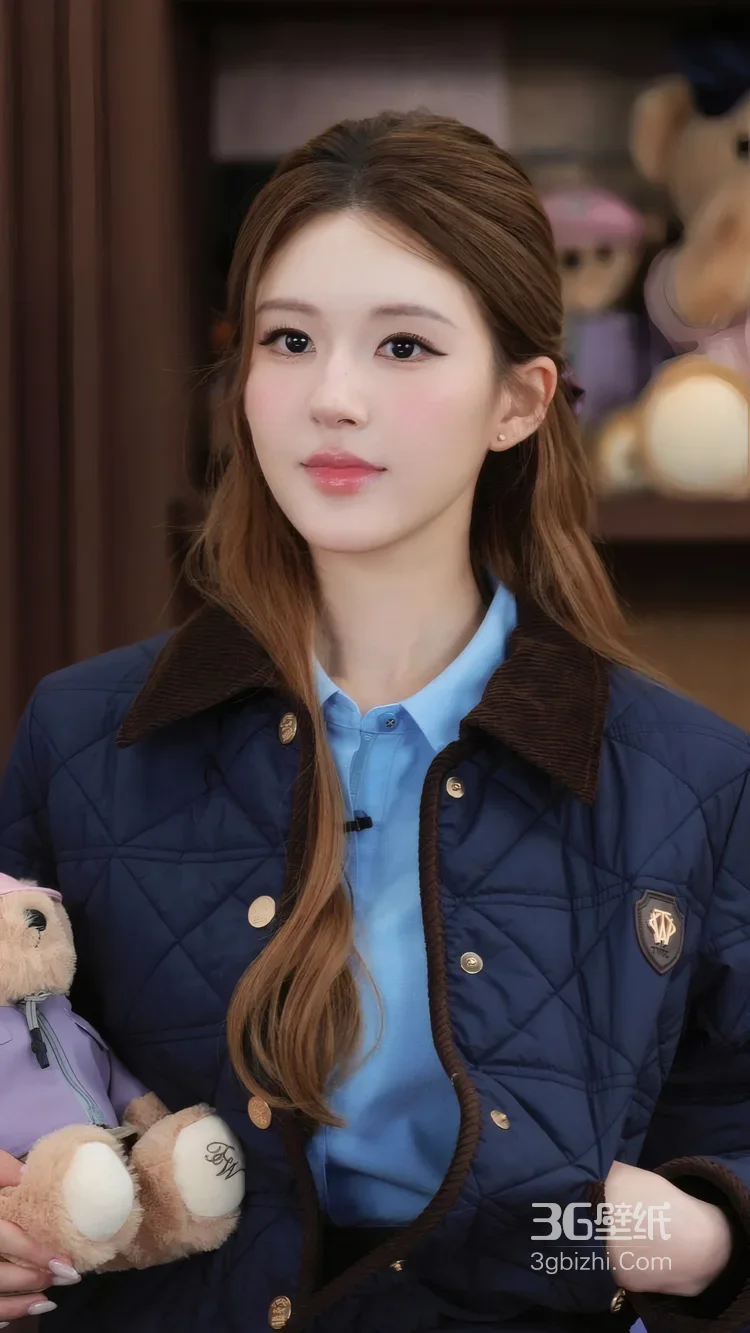内地明星《赵露思》抱小熊 泰迪熊背景蓝色衬衫写真1