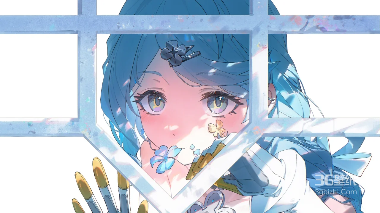 蓝发花饰二次元少女 唯美光影桌面背景1