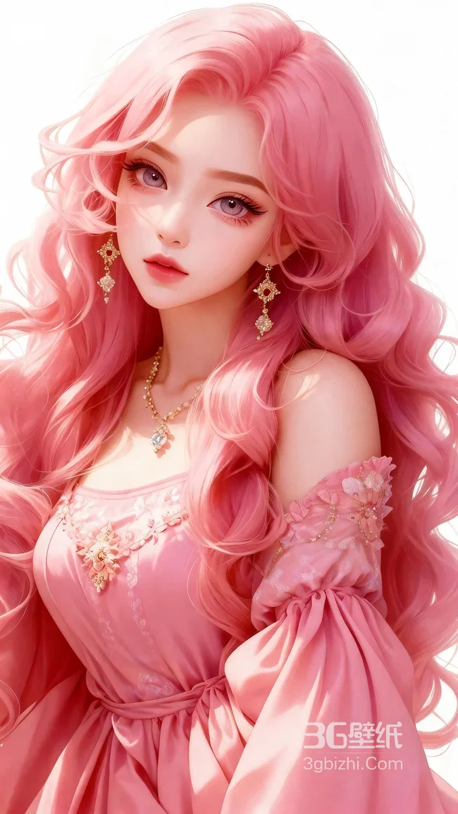 粉色卷发公主风少女 华丽珠宝礼服壁纸1