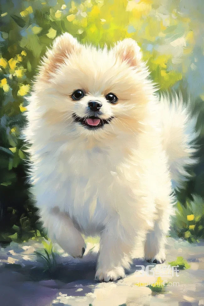 可爱白色博美犬油画风萌宠治愈系壁纸1