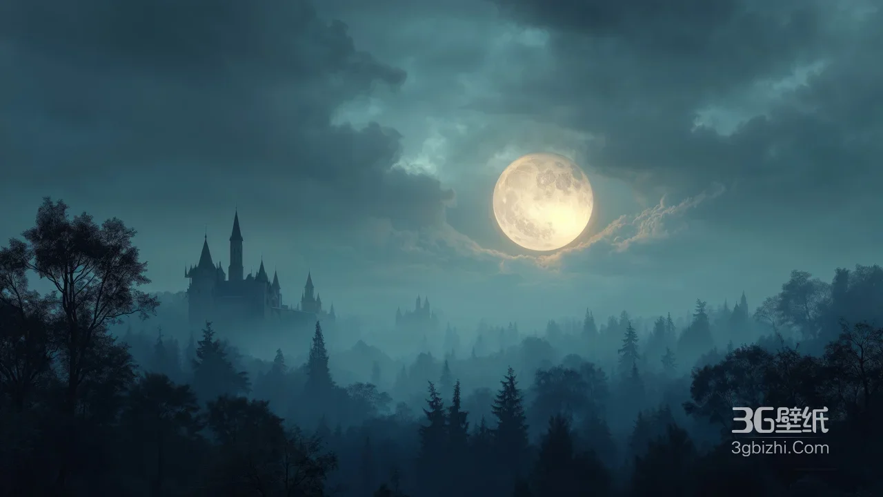 哥特城堡月夜森林雾境壁纸 满月中古奇幻风景1