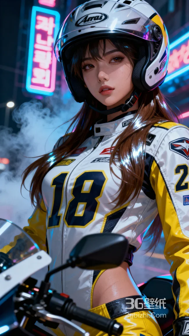 赛博朋克夜城机车少女 黄白18赛车服Arai头盔 赛博朋克机车风1