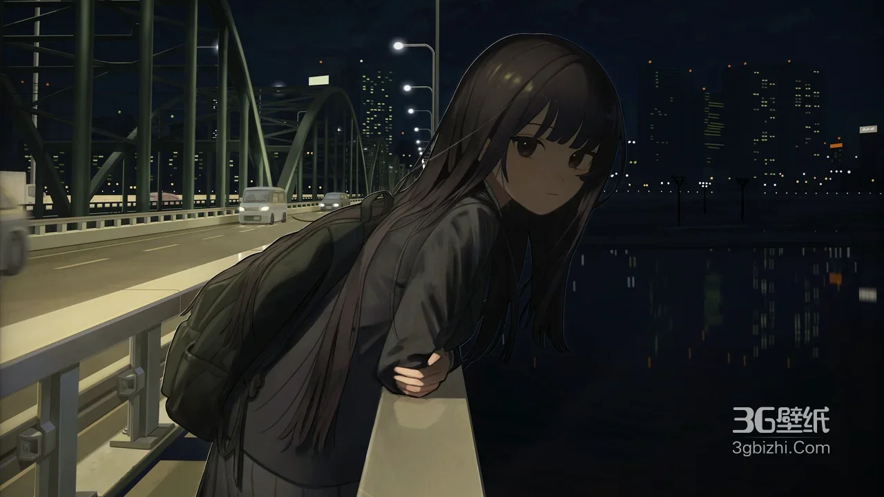 夜晚城市桥梁黑衣少女动漫壁纸 都市夜景灰栏车流1