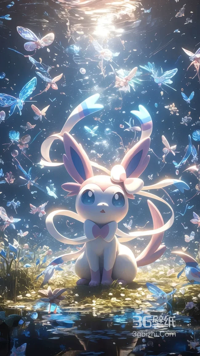 宝可梦仙子伊布梦幻蝴蝶水下光影壁纸1