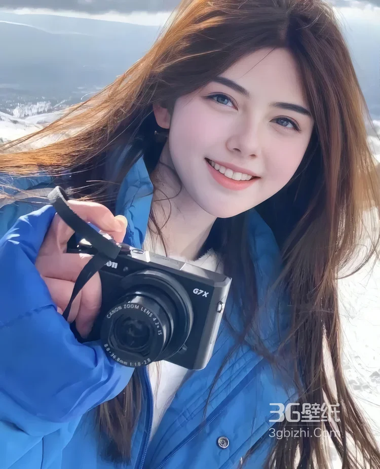 美女持佳能G7X相机雪山拍照 冬日雪景壁纸1